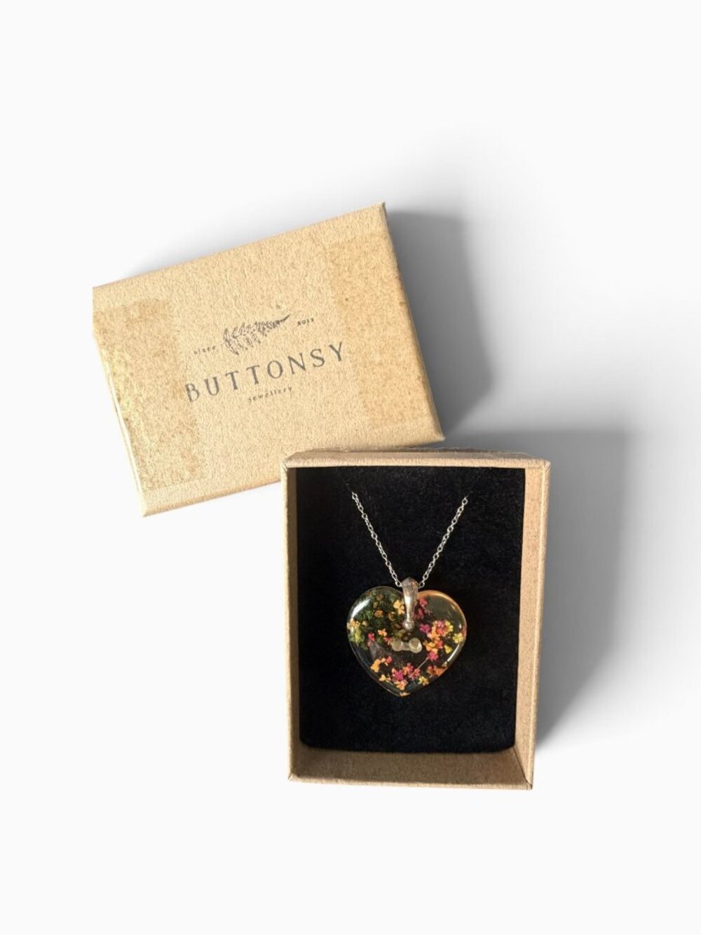 Heart Shape Sterling Silver Pressed Flowers Everlasting Bouquet Pendant Necklace
